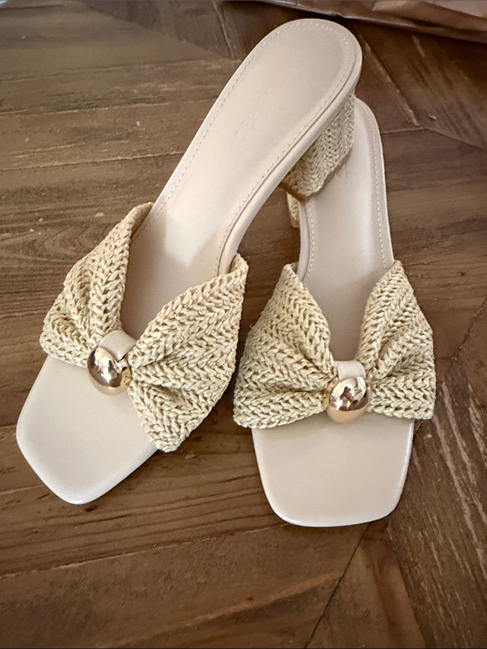 Braided Bow Slide Mules in Natural Cream with Gold Accent